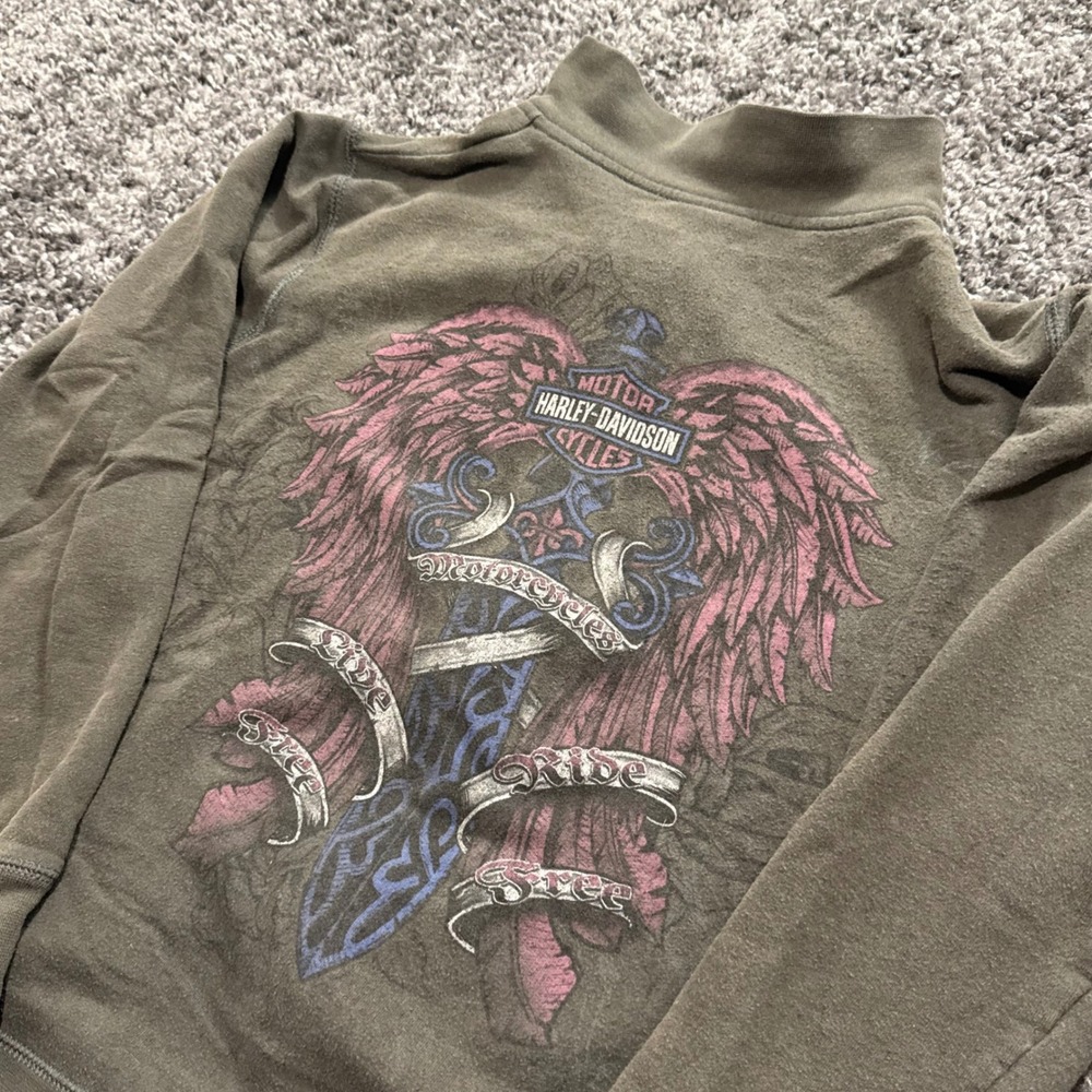 Vintage Harley Davidson Zip Up Hoodie Women Green Excellent Winged Graphic L